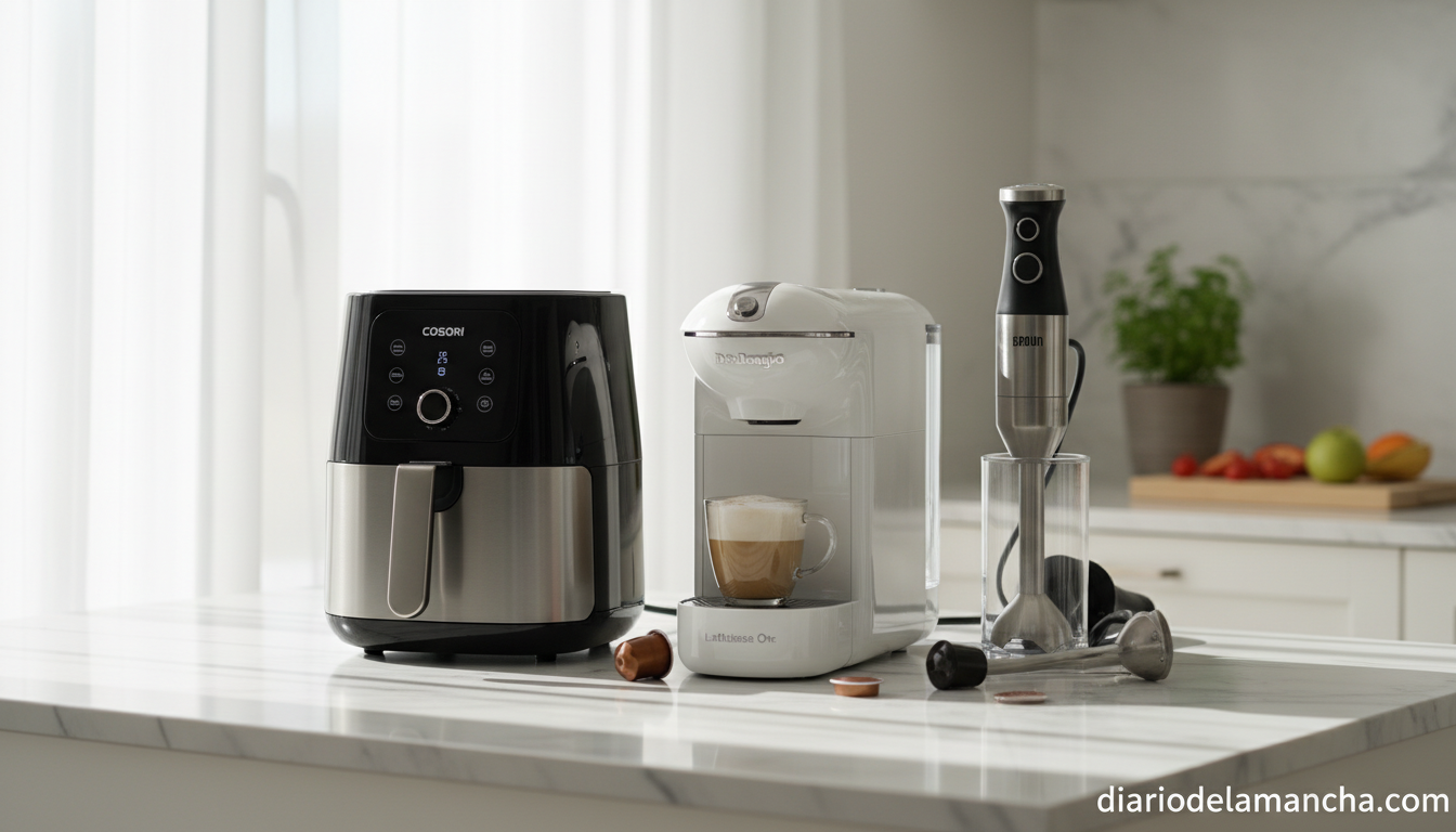 Electrodomésticos de cocina en oferta Amazon: freidora de aire Cosori, cafetera De'Longhi y batidora Braun