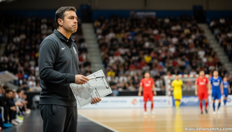 A futsal coach on the sideline of a packed indoor sports arena, watching the game with focused intensity, holding a tactic...