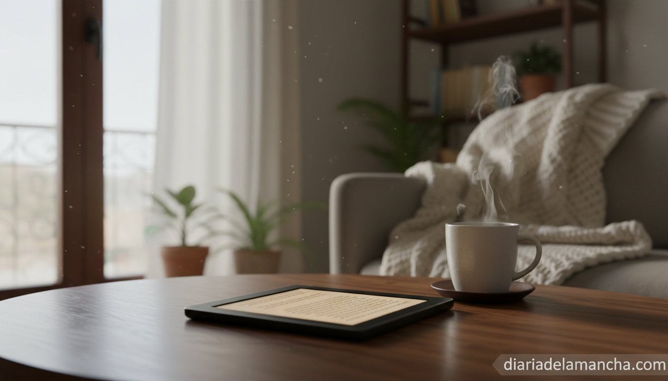 Explorando eBooks: Cómo Transforman la Lectura Digital 1 eReader sobre mesa de madera junto a taza de café