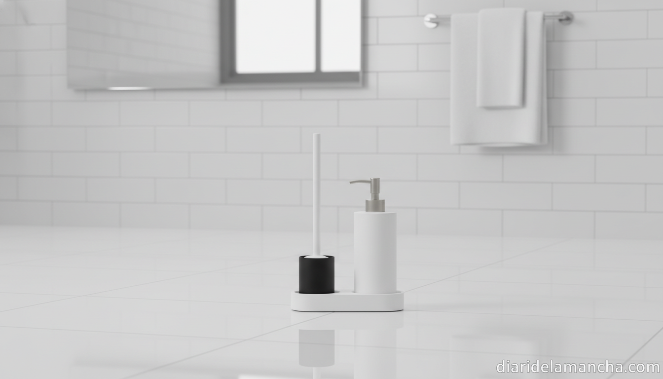 Escobilla de baño con dispensador de jabón integrado en baño blanco
