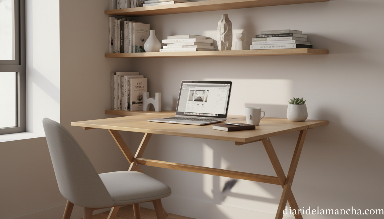Escritorio de bambú plegable en home office moderno
