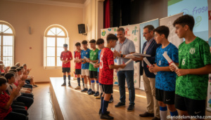 Jóvenes futbolistas cadetes recibiendo diplomas en acto de entrega deportiva