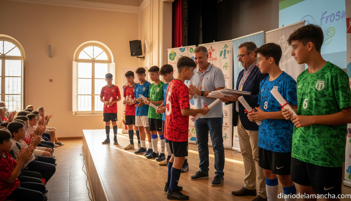 Jóvenes futbolistas cadetes recibiendo diplomas en acto de entrega deportiva