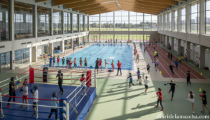 Children and teenagers practicing various sports in a modern municipal sports facility in Spain: one group doing boxing wi...