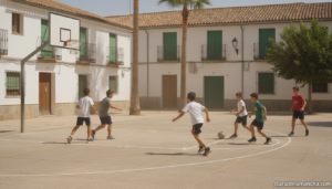 Children playing basketball and football on a sports court during summer, outdoors, bright sunny day in a Spanish town, ki...
