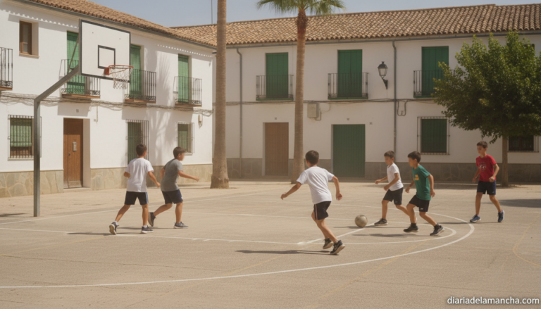 Children playing basketball and football on a sports court during summer, outdoors, bright sunny day in a Spanish town, ki...