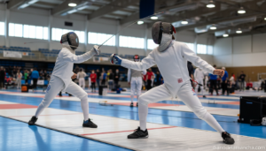 Young fencers in white protective gear and masks during a competitive fencing match, action moment on an official competit...
