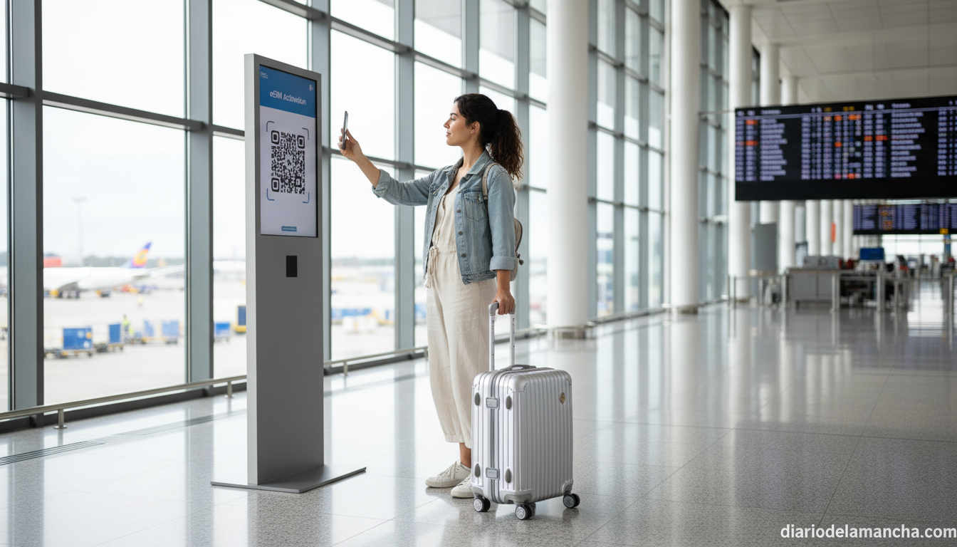 Viajera activando una eSIM internacional escaneando el código QR con el móvil en la terminal del aeropuerto