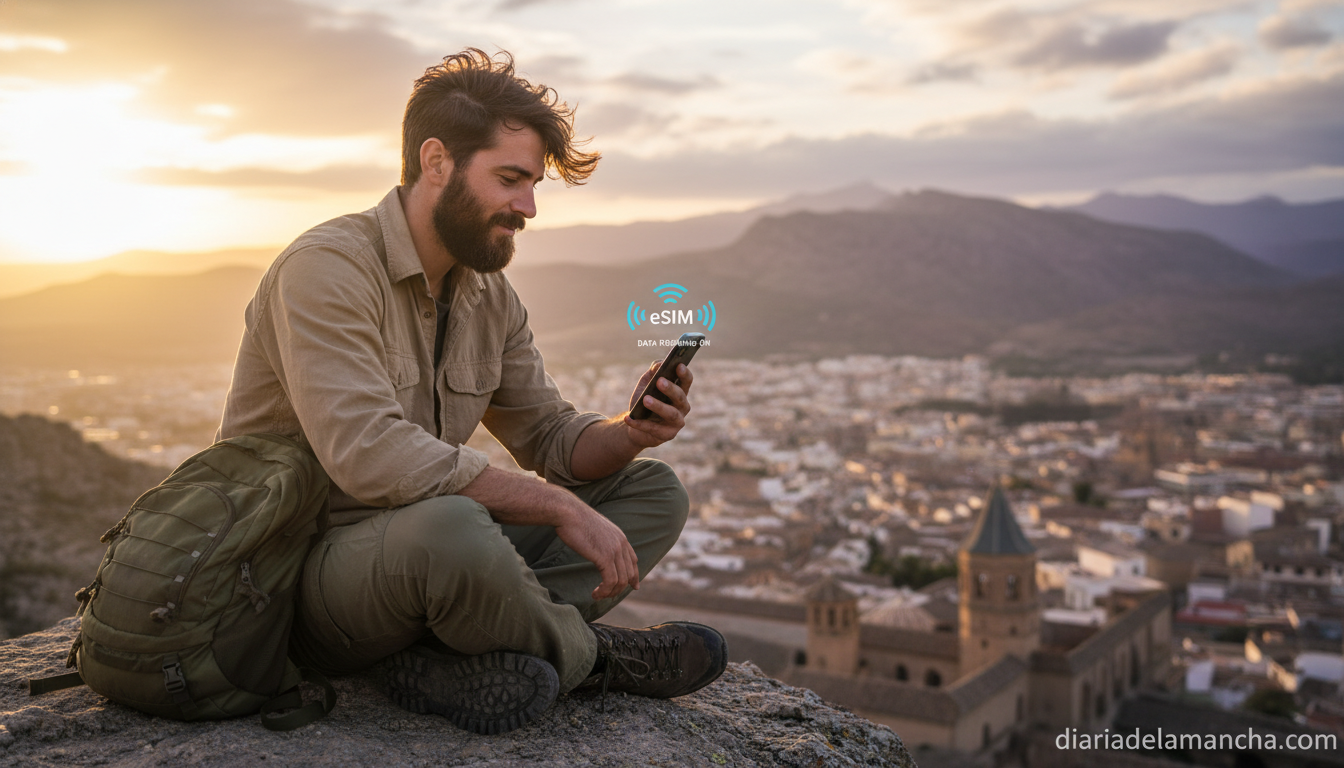 Mochilero conectado a internet con una eSIM internacional desde un mirador con vistas a una ciudad extranjera al atardecer