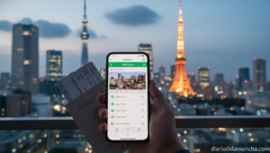 Viajero con smartphone y eSIM activa en Japón con tokio al fondo