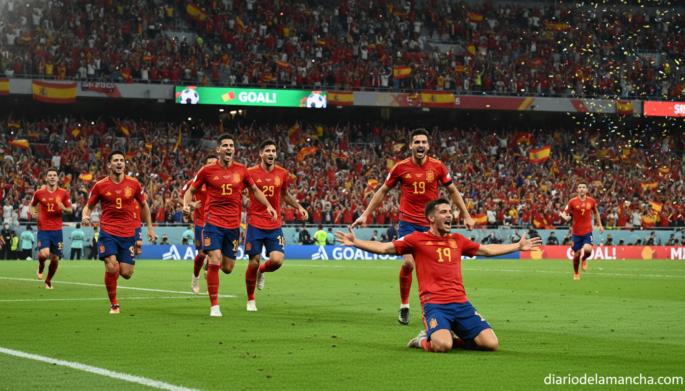 Spain national football team players in red jerseys celebrating a goal on a stadium pitch, action photography style, stadi...
