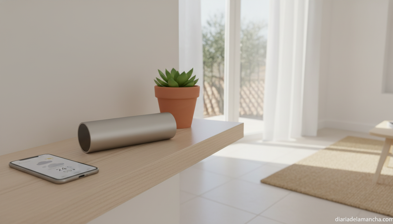Estación meteorológica inteligente tipo Netatmo en salón de un hogar español con luz natural