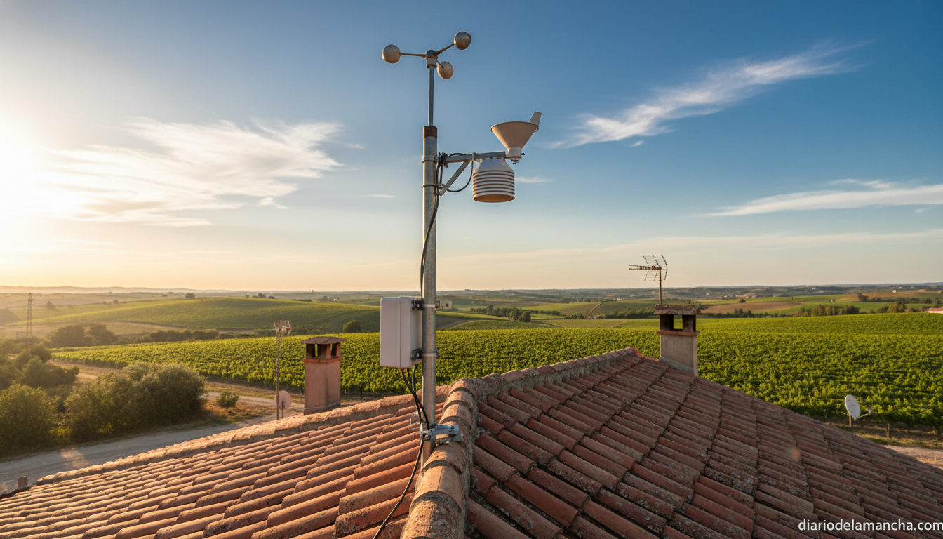 Estación meteorológica profesional con anemómetro instalada en tejado de casa rural de Castilla-La Mancha