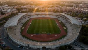 Aerial wide shot of a large empty football stadium at golden hour, green pitch perfectly manicured, stands empty, dramatic...