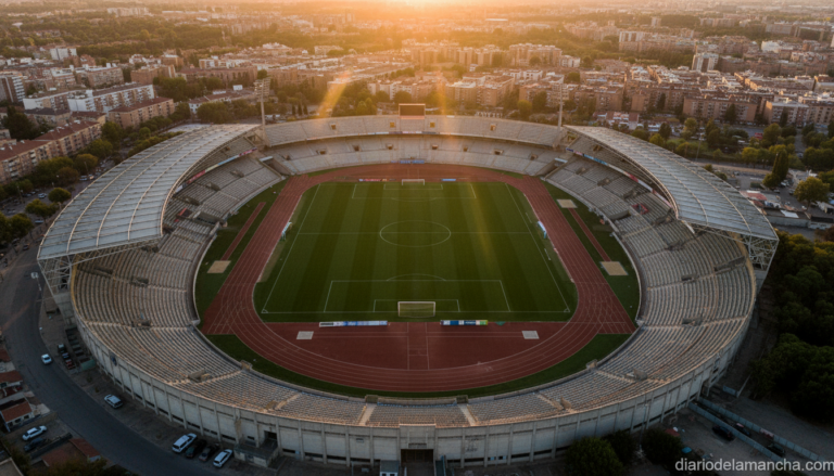 Aerial wide shot of a large empty football stadium at golden hour, green pitch perfectly manicured, stands empty, dramatic...