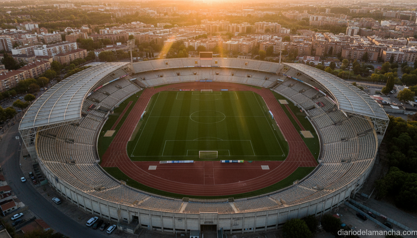 Aerial wide shot of a large empty football stadium at golden hour, green pitch perfectly manicured, stands empty, dramatic...
