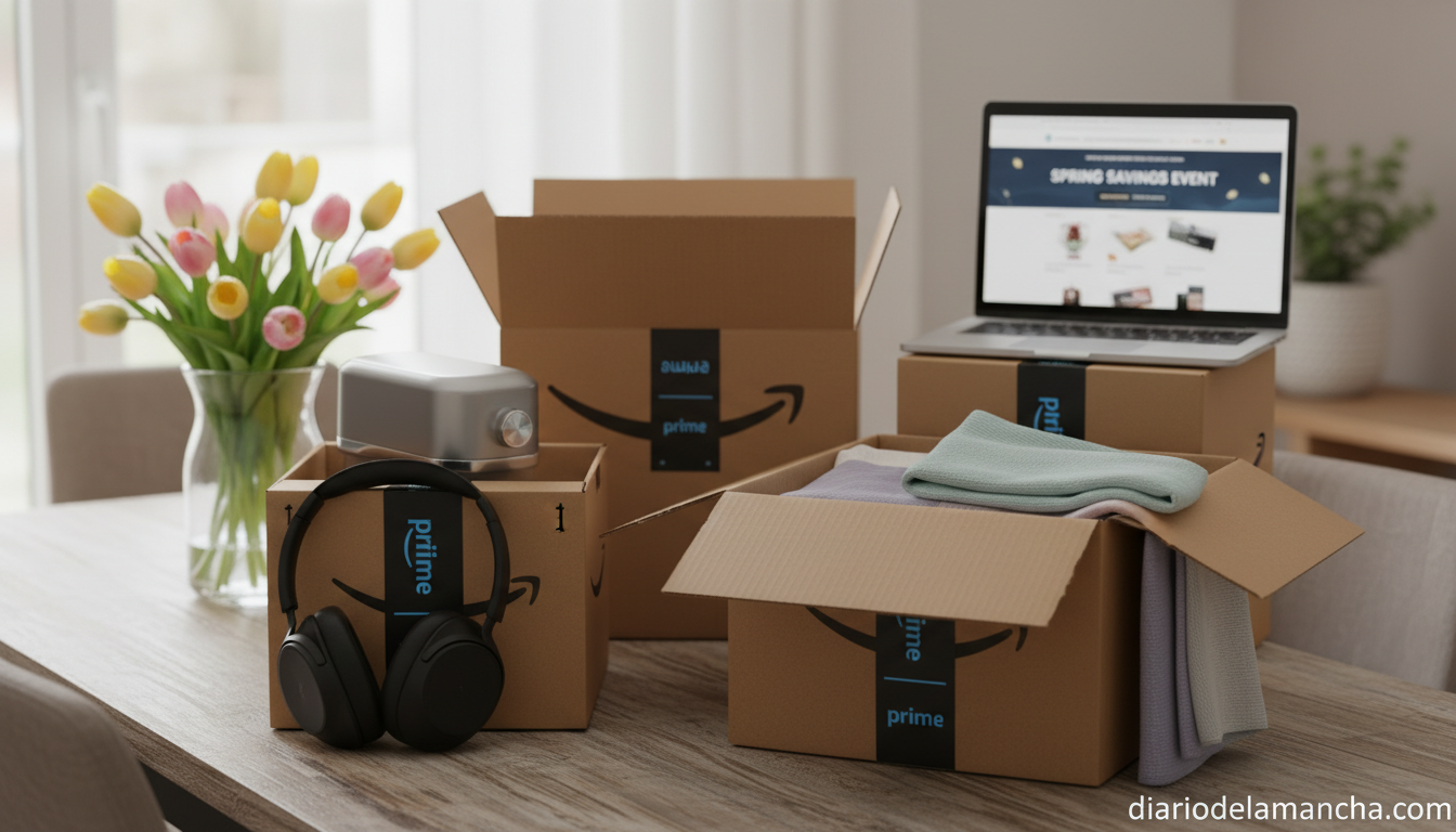 Productos de la Fiesta de Ofertas de Primavera de Amazon recien recibidos en una mesa de madera con luz natural