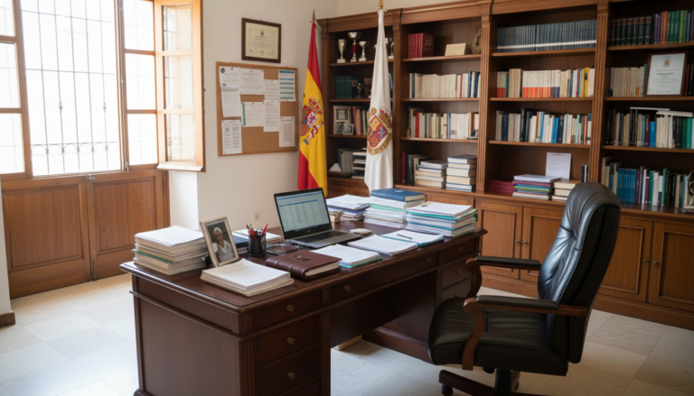 Despacho de director de colegio español, mesa de trabajo con documentos y ordenador, sin personas, luz natural, ambiente p...