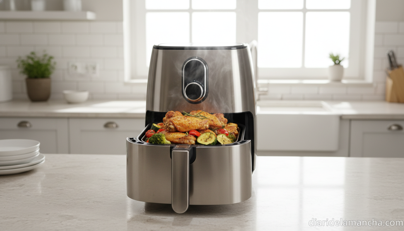Freidora de aire con alimentos dorados en cocina moderna