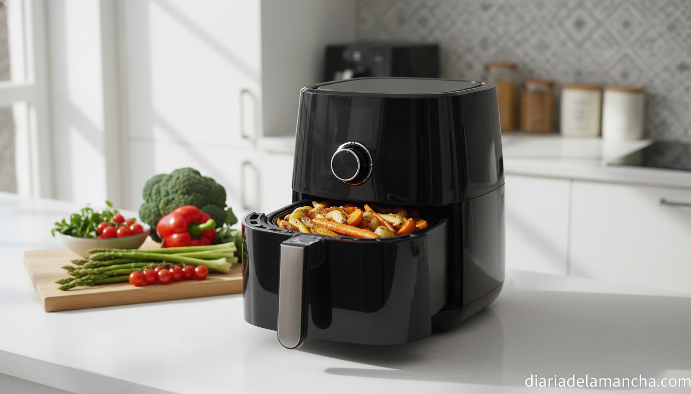 Descubre cómo esta freidora de aire corta hasta un 85% de grasa y es ideal para ti 1 Freidora de aire con verduras crujientes en cocina moderna saludable