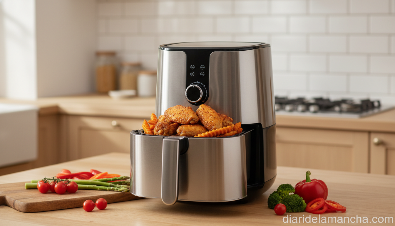 Freidora sin aceite Cosori en cocina moderna con comida saludable