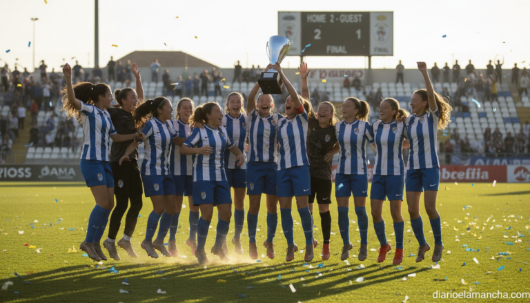 Young female football players celebrating on a grass pitch after winning a match, team group moment, players without ident...