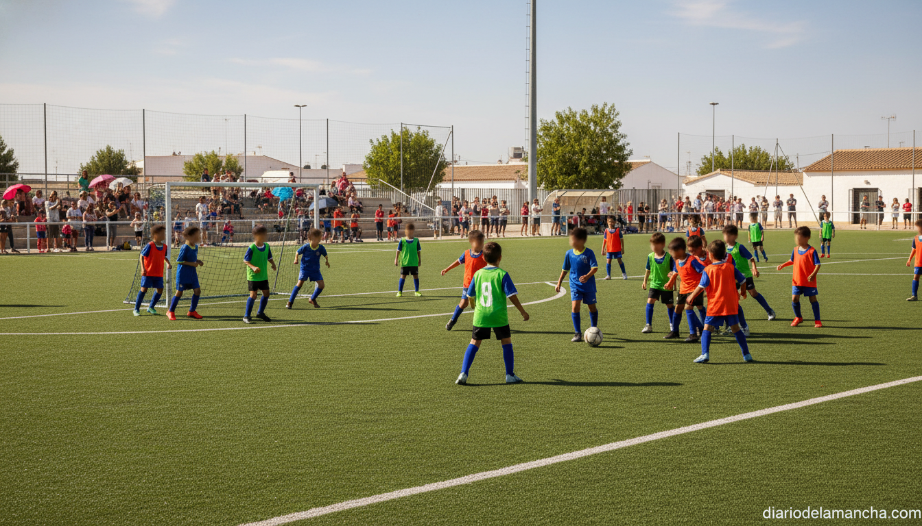 Youth football match at an outdoor sports facility in La Mancha region, kids in colorful jerseys playing on a grass pitch,...
