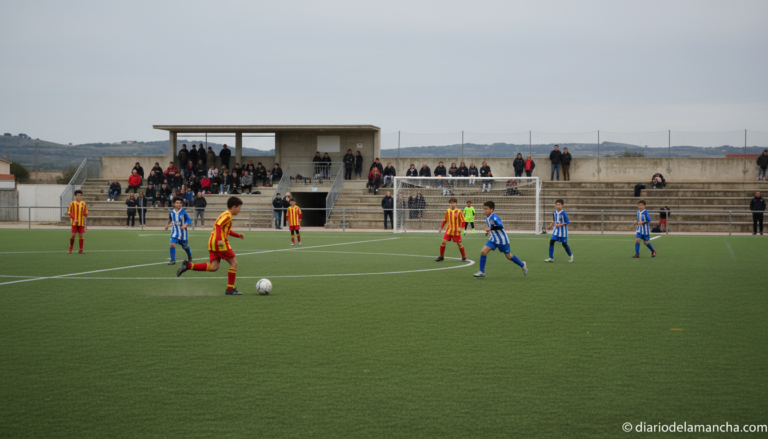 Youth football (soccer) match in a Spanish regional league, young players in colorful jerseys competing on a green pitch, ...