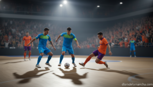 Indoor futsal match scene, two teams competing in a indoor arena, players in colorful jerseys passing the ball on a smooth...