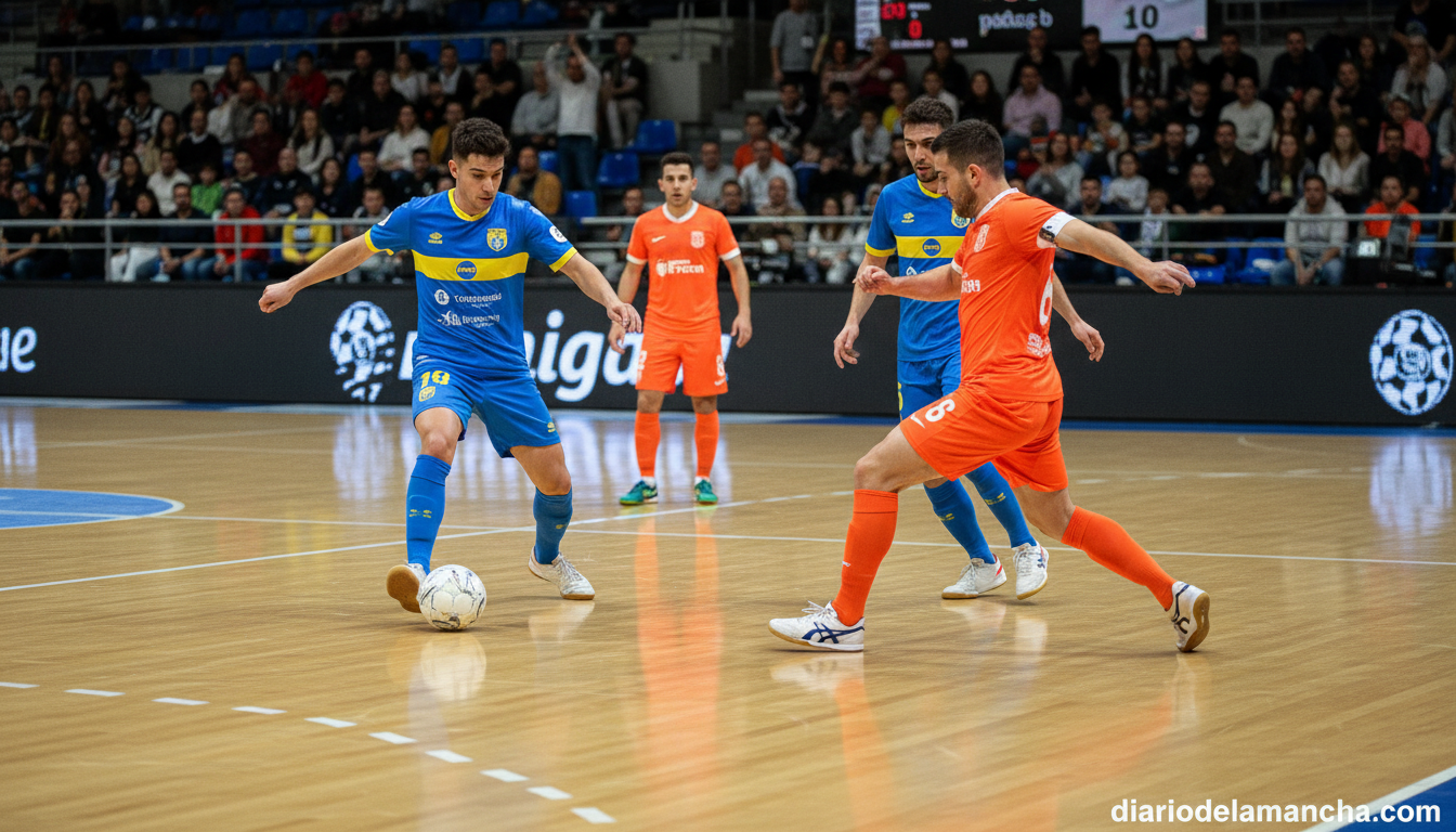 Indoor futsal match in progress on a polished wooden court, two teams in colorful jerseys competing, players in motion pas...