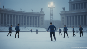 Estadio de fútbol soviético años cincuenta con arquitectura estalinista y campo nevado