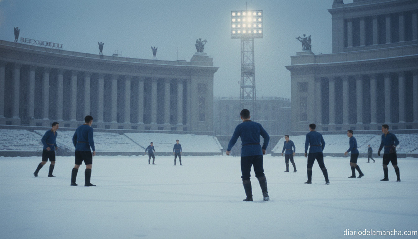 Estadio de fútbol soviético años cincuenta con arquitectura estalinista y campo nevado