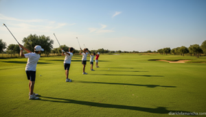 Young junior golfers at a school golf tournament in Spain, green golf course in Albacete province with flat terrain, child...