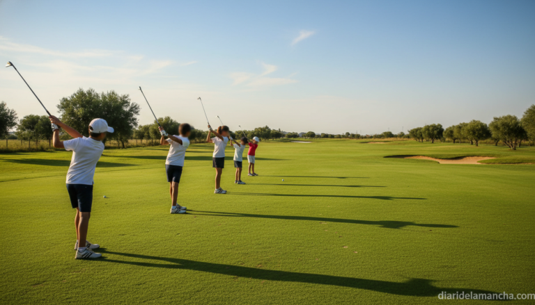 Young junior golfers at a school golf tournament in Spain, green golf course in Albacete province with flat terrain, child...