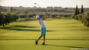 A young junior golfer in casual sportswear mid-swing on a sunny golf course in the Spanish countryside, green fairway, tre...