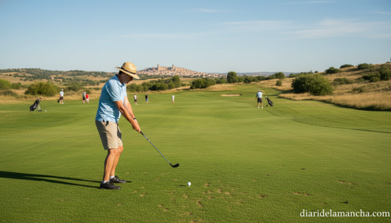 Amateur golfers playing pitch and putt on a bright sunny morning in Spain, green golf course in Castilla La Mancha region ...