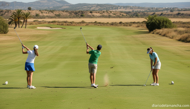 Young golfers on a sunny golf course in Castilla-La Mancha Spain, green fairway, realistic sports photography, no identifi...