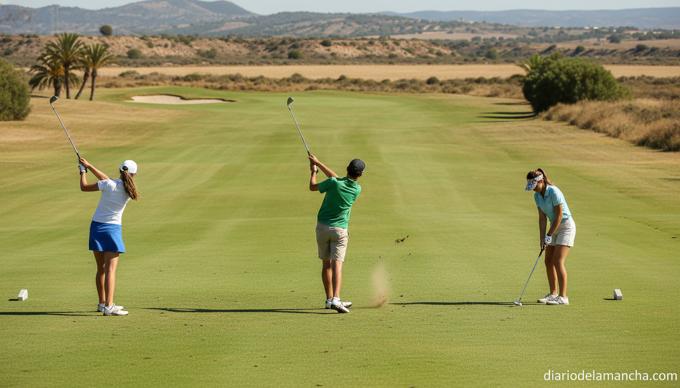 Young golfers on a sunny golf course in Castilla-La Mancha Spain, green fairway, realistic sports photography, no identifi...