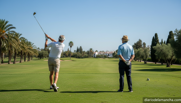 Two senior male golfers on a lush green golf course in Seville, Spain, sunny day, clear blue sky, one player mid-swing wit...