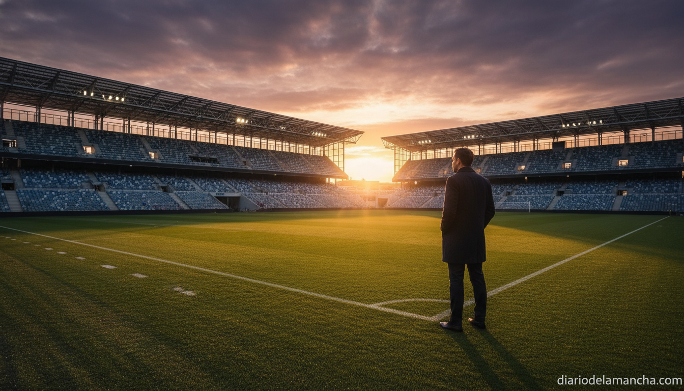 Wide-angle image of a football manager standing on the sideline of an empty modern stadium at sunset, wearing a dark coat,...