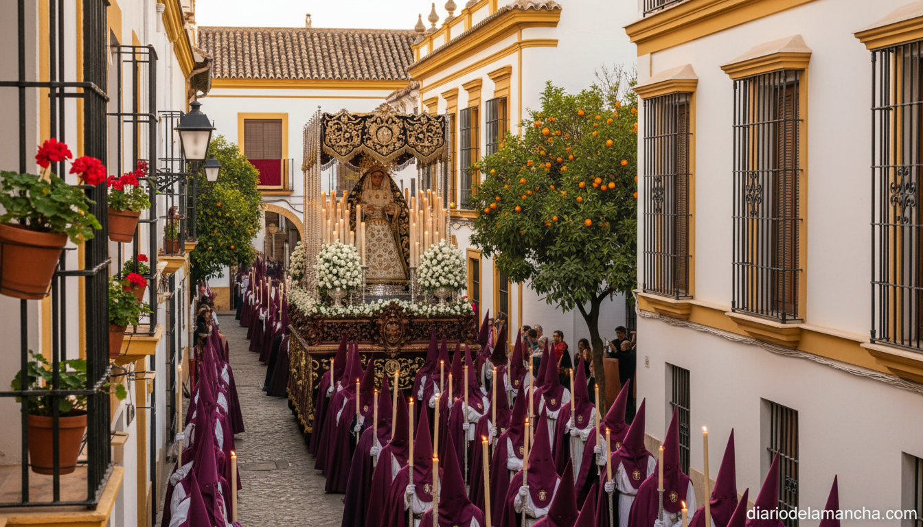 Balcón de hotel en Sevilla con procesión de Semana Santa pasando por la calle al atardecer