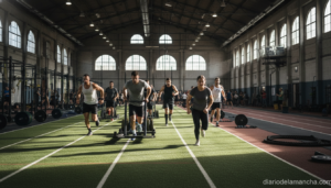 Athletes competing in an indoor Hyrox functional fitness race inside a large sports hall, participants doing sled push and...