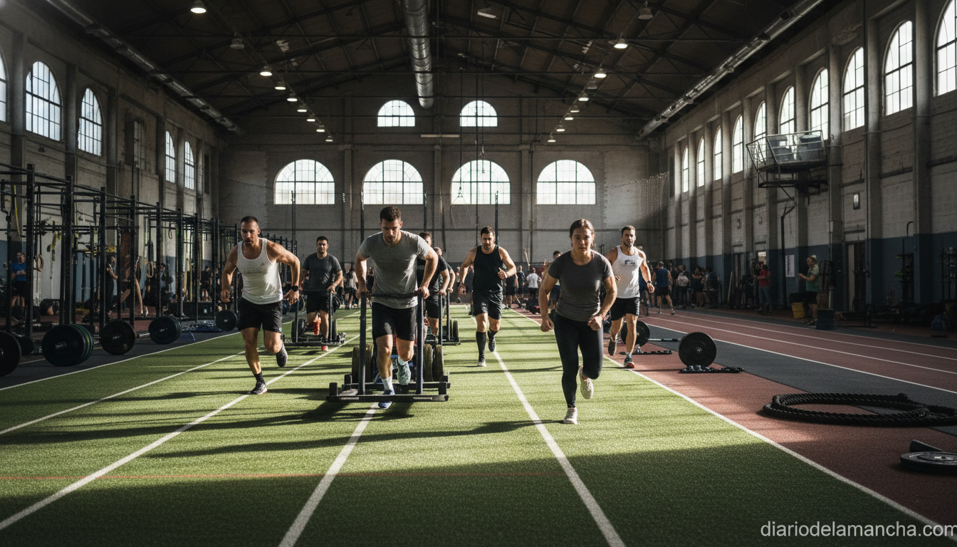 Athletes competing in an indoor Hyrox functional fitness race inside a large sports hall, participants doing sled push and...