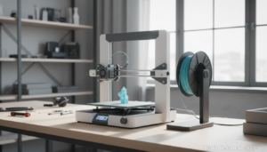 Impresora 3D de escritorio en taller doméstico imprimiendo pieza