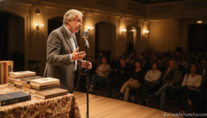 A male veteran journalist in his 60s speaking at a microphone on a small stage during a cultural literary event at an indo...