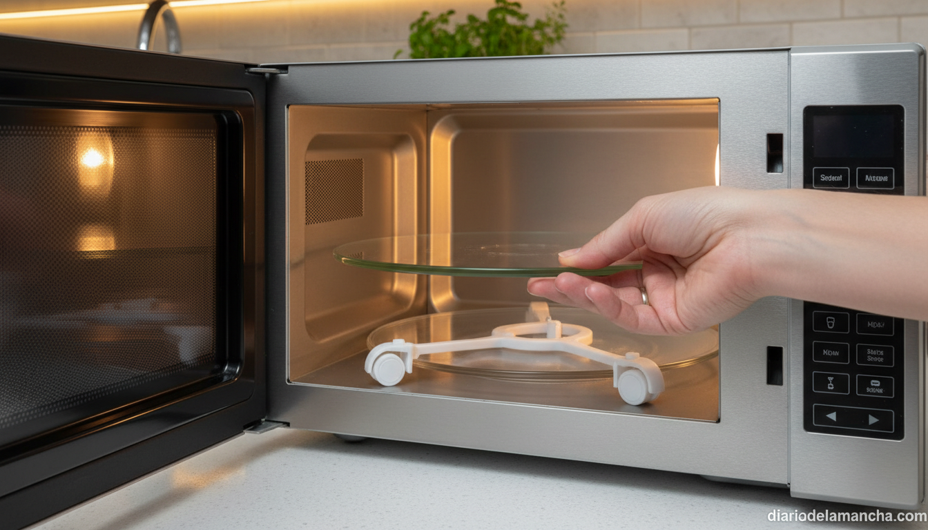 Señales clave para identificar cuándo es momento de reemplazar el plato de tu microondas 2 Instalación de plato giratorio de repuesto en el interior de un microondas con tres puntos de anclaje