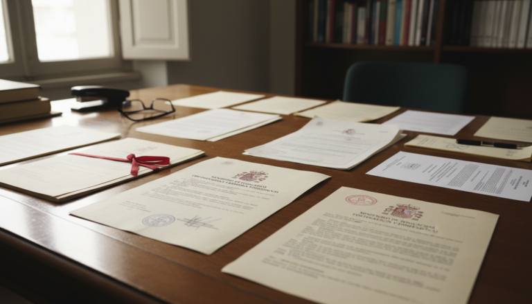 Documentary photo of official Spanish government administrative documents and teaching qualification certificates spread o...