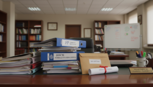 Documentos administrativos oficiales apilados en escritorio institucional, carpeta DOCM normativa educativa, bolsaífono y ...