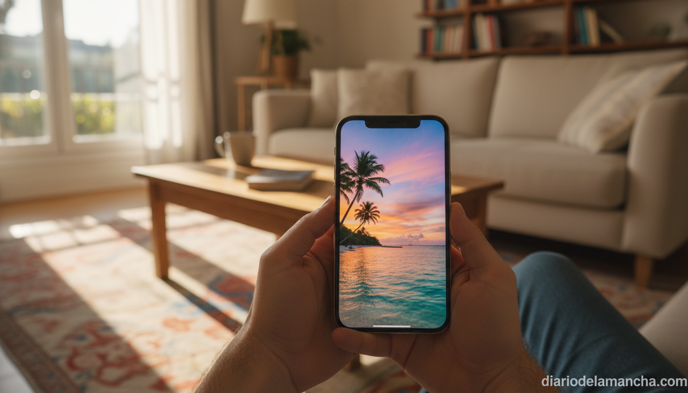 Persona usando iPhone 15 de Apple en el salón en 2026