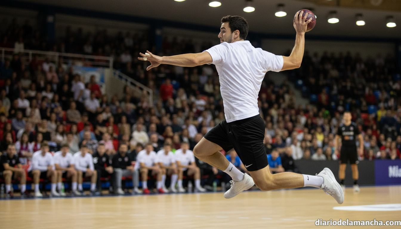 Jugador de balonmano en pleno lanzamiento durante un partido en pista cubierta